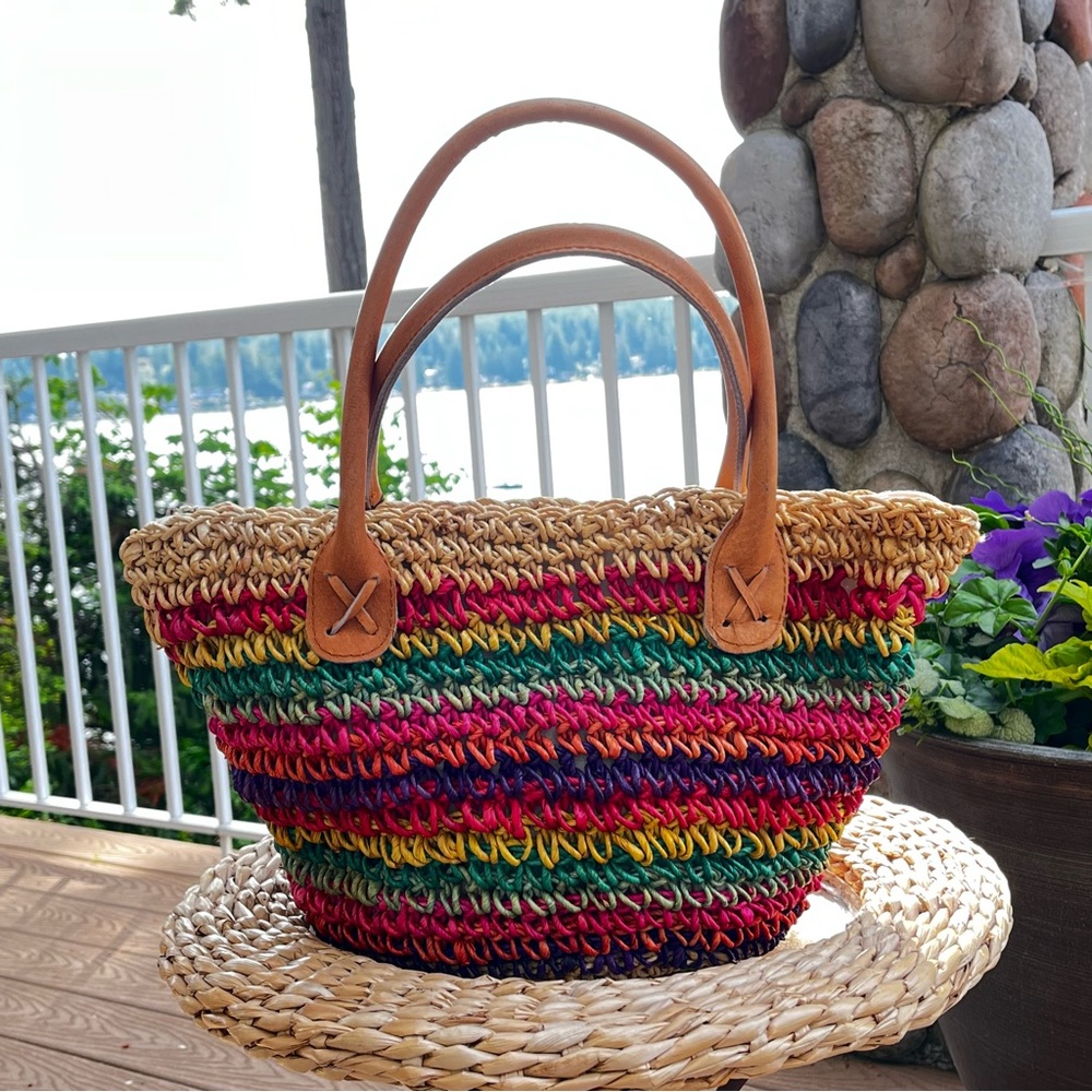 NWT Magid Multicolored Striped Straw Leather Tote Beach Bag Boho Vacation Summer - Picture 2 of 9